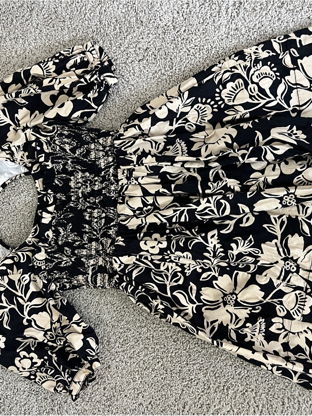 Free People Black and Cream Floral Smocked Mini Dress